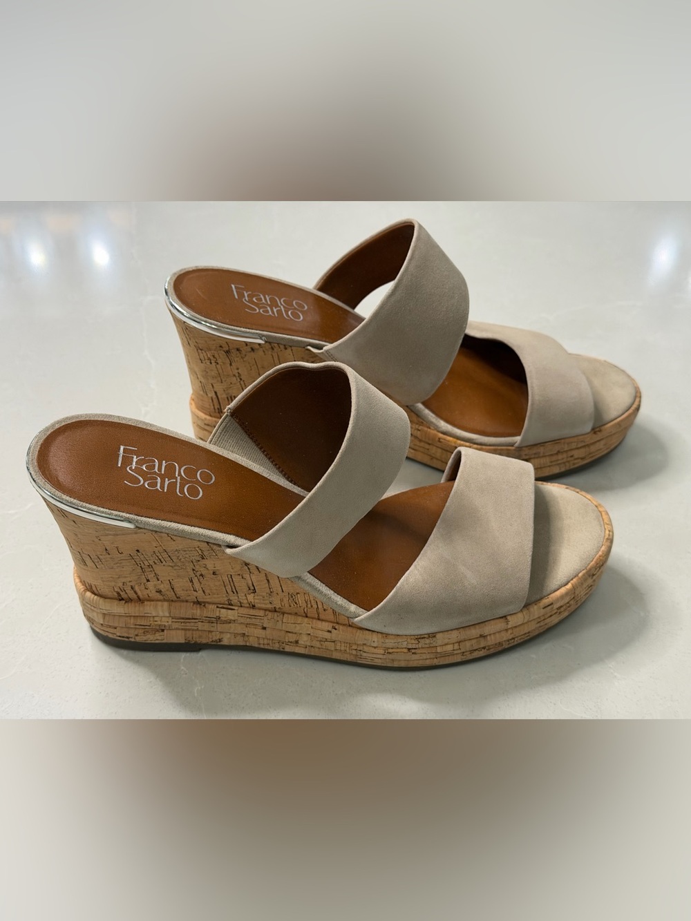 Franco Sarto Fiore Taupe Suede Cork Wedge Sandals 9.5M